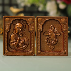 Orthodox Diptych of Mother Mary Holding Baby Jesus and Praying Cross Antique Style Religious Baptism Gift Small Diptych Graduation Gift