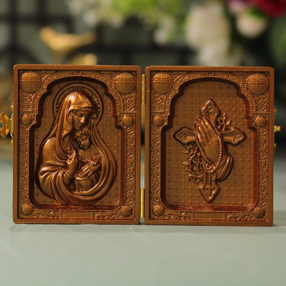 Orthodox Diptych of Mother Mary Holding Baby Jesus and Praying Cross Antique Style Religious Baptism Gift Small Diptych Graduation Gift