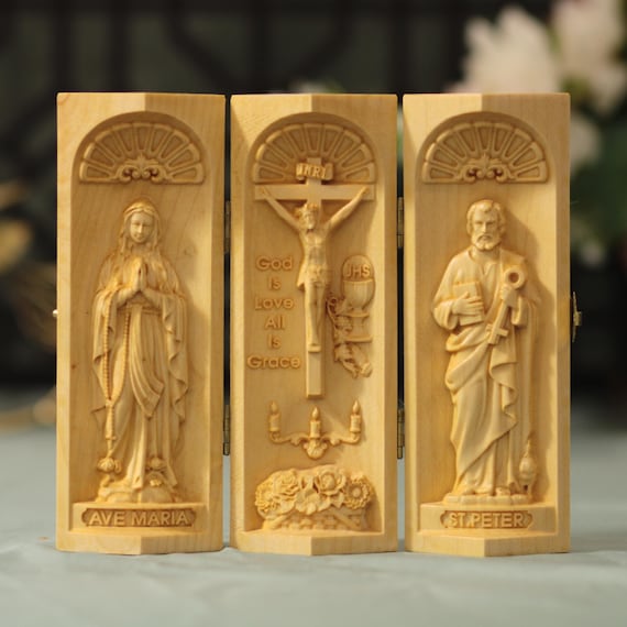 Crucifix Christ | Virgin Mary | St. Peter Wood Catholic Triptych Icon of Saint Catholic Icon Christian Gifts Catholic Christmas Gift