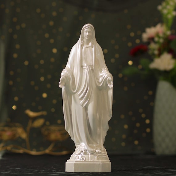 Hand Carved Wood Mother Mary Statue - Pearl White Religious Altar Decor