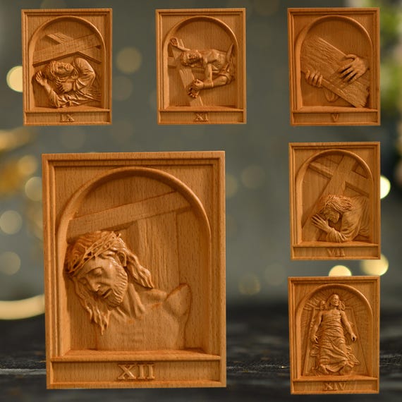 A Set of 15 minimalistic Wooden Stations of the Cross Unique Gifts Wood Wall Art Christian Art Home Gift Wooden Wall Art Jesus art