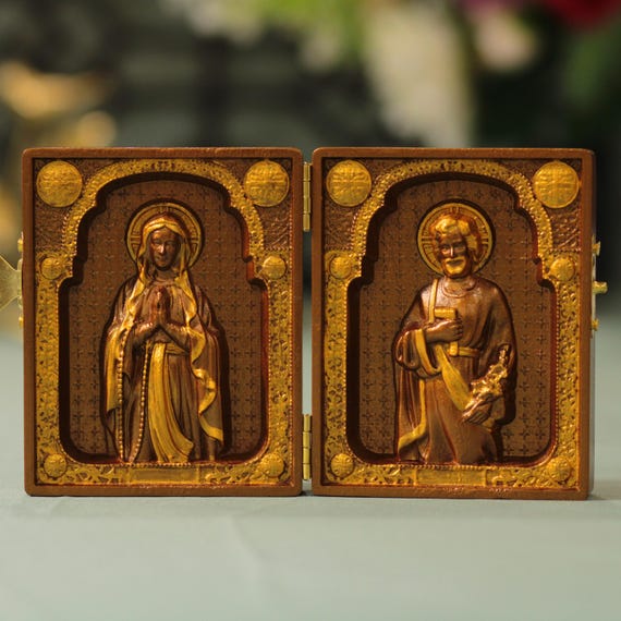 Catholic Diptych of Virgin Mary and St. Joseph Vintage Style Christian Gifts for Prayer Gifts for Friends Holly Mother Christian Icons