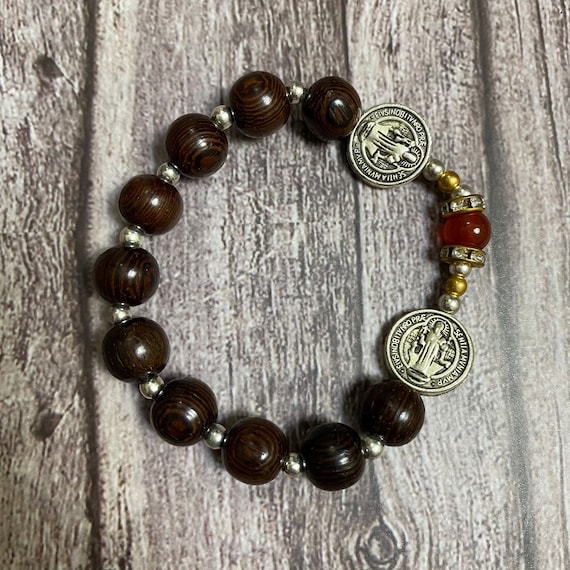 Black natural wood Catholic Bracelet with red gemstone beads, Catholic Gift, Holy Bracelet,Praying Bracelet,Wood Bracelet, Nativity Bracelet