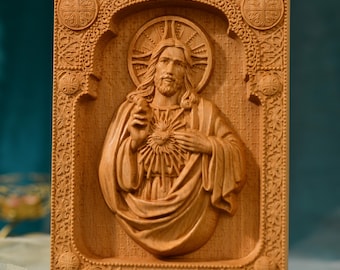 Sacred Heart of Jesus Christian Icon Wall Art Christmas Gift Wooden Carved Religious Wall Art  Catholic Art Sacred Heart Art Jesus Artwork