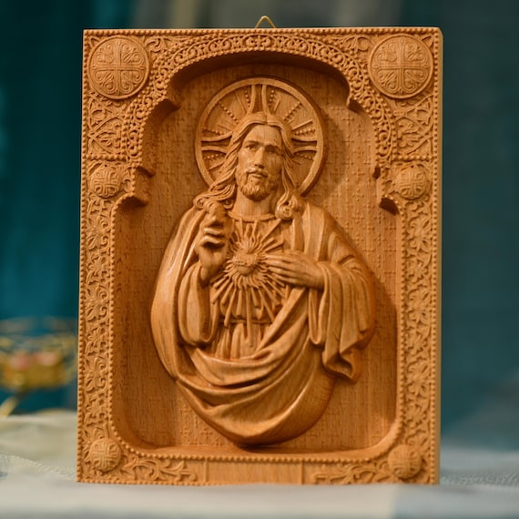 Sacred Heart of Jesus Christian Icon Wall Art Christmas Gift Wooden Carved Religious Wall Art  Catholic Art Sacred Heart Art Jesus Artwork