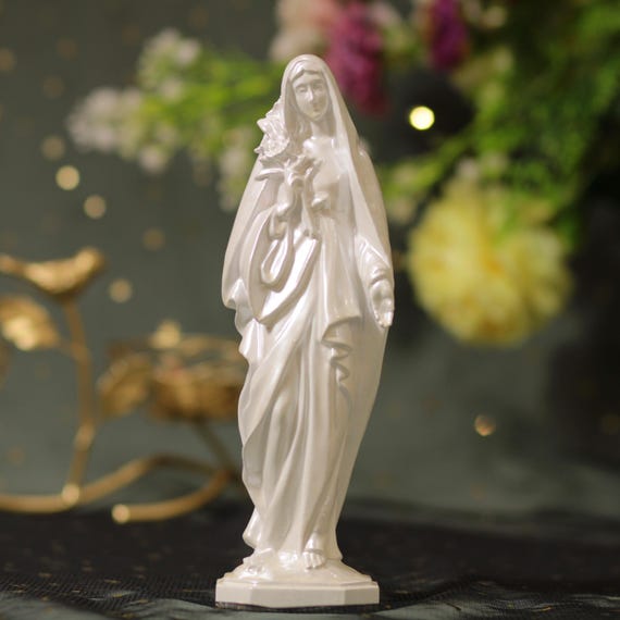 Virgin Mary with Lily Wooden Statue Pearl White, Hand Carved Madonna Figurine, Catholic Home Altar Decor, Mother's Day Gift for Her