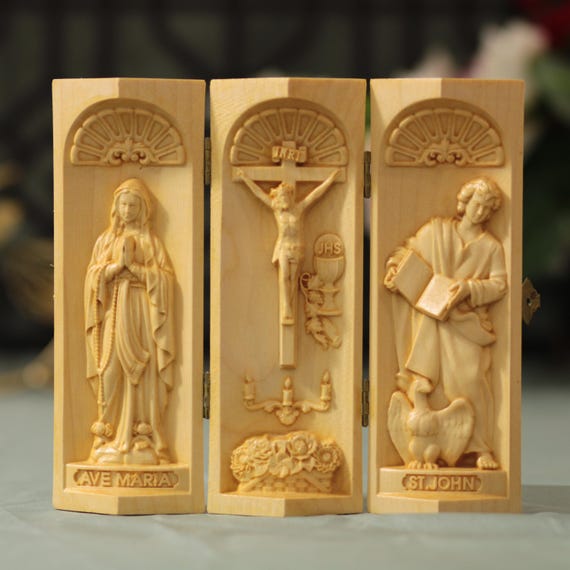 Our Lady of Lourdes- Jesus Christ- St. John the Evangelist Catholic Triptych Catholic Icons Church Gifts Men Christian Gift Catholic Art