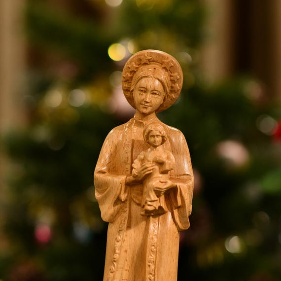 Our Lady of La Vang and Child Jesus Wooden Statue Catholic Vietnamese Mary Figurine Virgin Mary Gift Christian Home Decor Blessed Mother