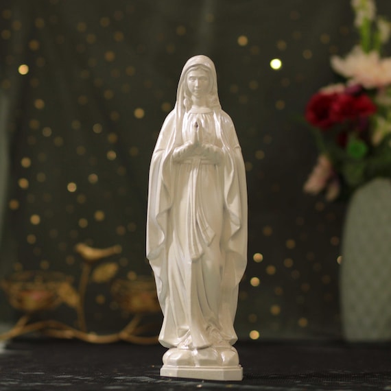 Hand-Carved Our Lady of Lourdes Statue: Pearl White Beech Wood, Catholic Gift