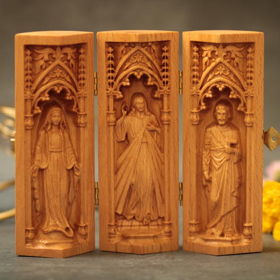 Holy Family Catholic Triptych– Virgin Mary, Jesus Christ, St Joseph– Handmade Wooden Religious Gift Decor Portable Altar Catholic Home Decor