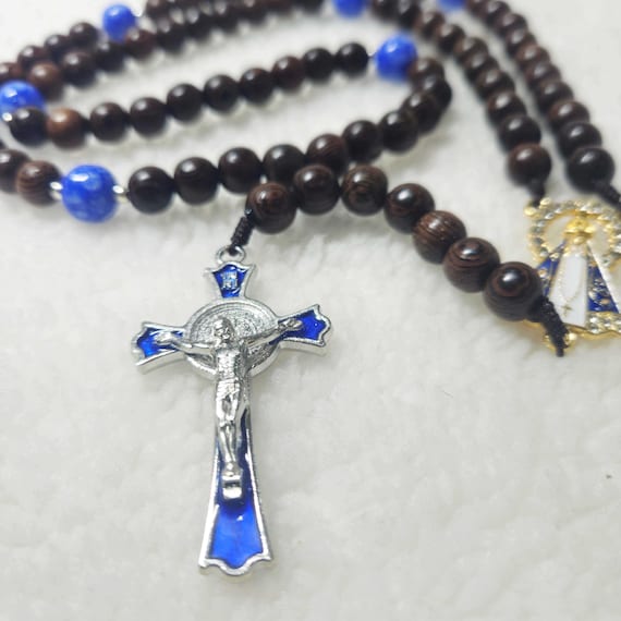 77-Hail Mary Rosary with Blue Stone Beads, 2.2” Crucifix, Black Cedar Wood Beads, and Our Lady of Guadalupe Medal