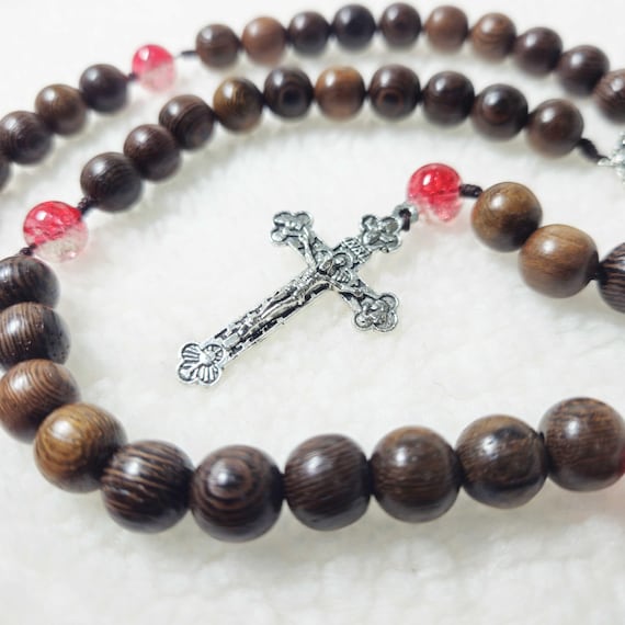 Catholic Rosary with black wooden beads and red gemstone, Wood Bead rosary, Pardon Crucifix Rosary, Catholic Gifts, Cord Rosary