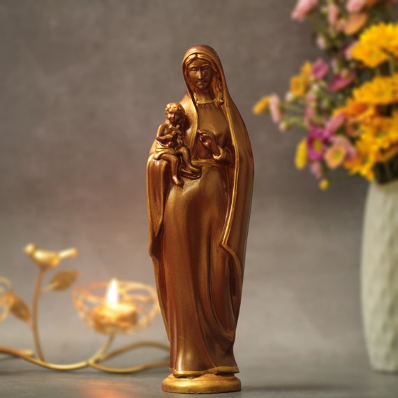 Mother Mary holding Baby Jesus Vintage Style Wood Carving Christian Gifts Mothers Day Gifts Ideas Catholic Statues Religious Gifts