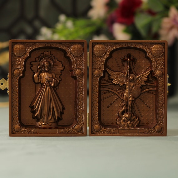 Catholic Diptych of Archangel Michael and Jesus Christ | Antique Style Wooden Religious Art Home Decor Father's Day Orthodox Icon Diptych