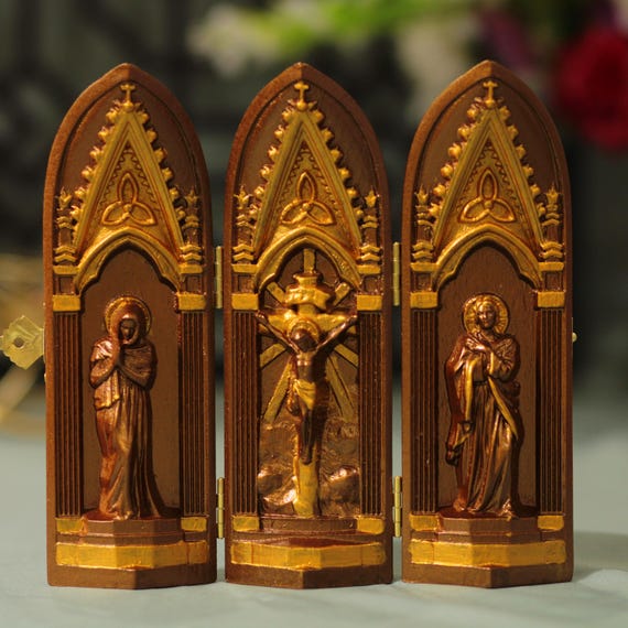Catholic Triptych Vintage Style Jesus Christ- St. John- Virgin Mary Religious Gifts Wooden Catholic Home Altar Jesus Christ Home Decor