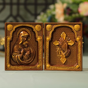 Orthodox Diptych of Mother Mary Holding Baby Jesus and Praying Cross Vintage Style Religious Baptism Gift Small Diptych Graduation Gift