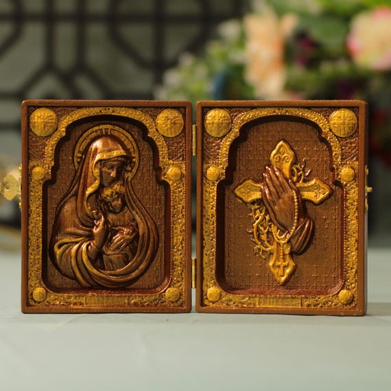 Orthodox Diptych of Mother Mary Holding Baby Jesus and Praying Cross Vintage Style Religious Baptism Gift Small Diptych Graduation Gift