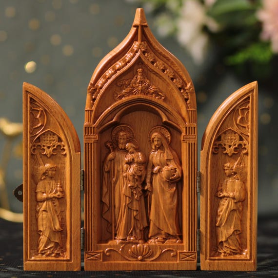 Holy Family with Angels Triptych | Catholic Wood Art | Religious Wall Decor | Christian Home Gift | Sacred Family with Angels Art