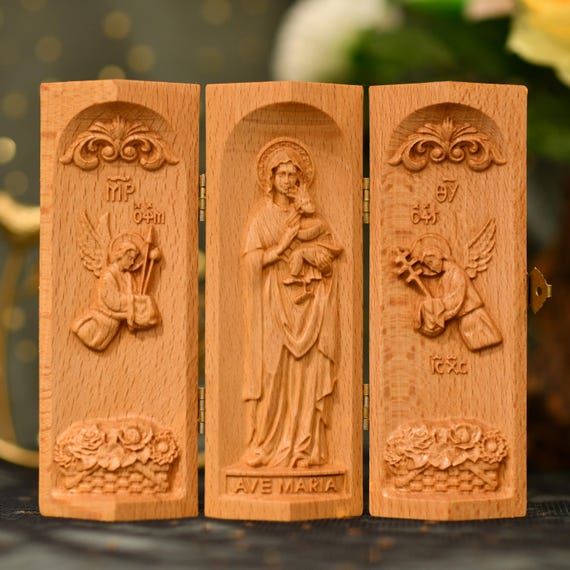 Catholic Wooden Triptych Mother Mary of Perpetual Help Icon Wall Art Virgin Mary Decor Christian Gift Handmade Religious Wood Panel Shrine