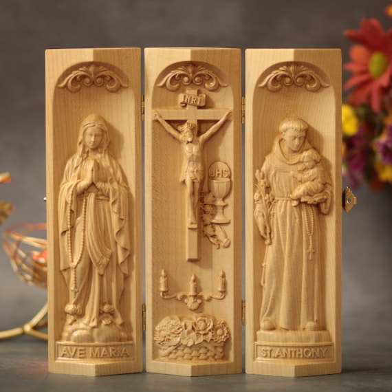 Catholic Altar Jesus Christ- Virgin Mary- St. Anthony Wood Carving Icon Catholic Home Decor Handmade Home Decor Catholic Home Altar