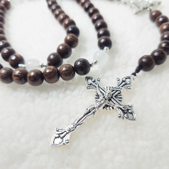 77-Hail Mary Rosary Black Green Cypress Wood & White Pearl Beads with 2" Crucifix, Blessed Mother Medal