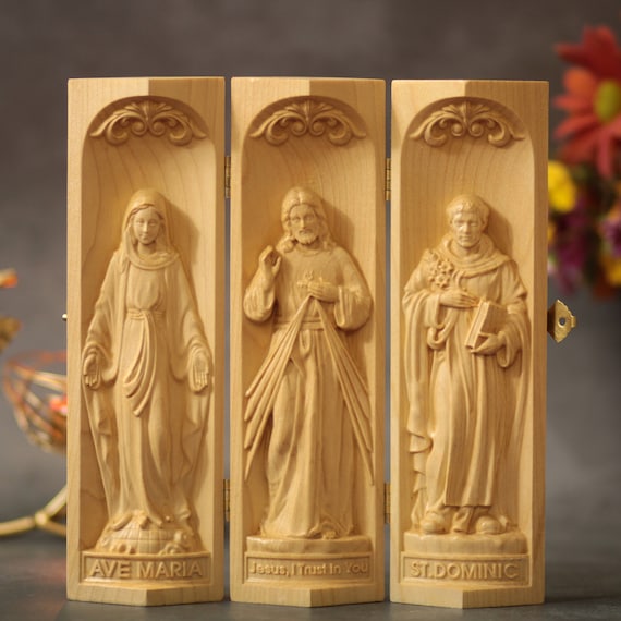 Catholic Triptych of Our Lady of Grace- Jesus Christ- St. Dominic Wooden Catholic Icons Wooden Religious Gifts Baptism Gift Christian Gift