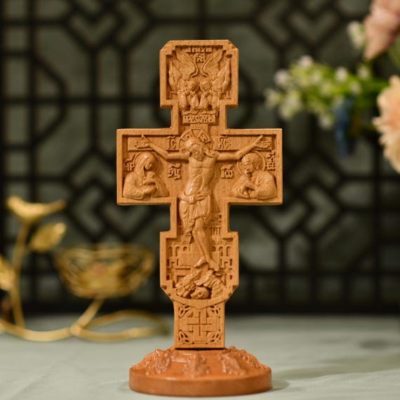 Wooden Crucifixion with St. John and Virgin Mary Religious Crucifix Prayer Altar Christian Wall Decor Catholic Statue Catholic Home Altar