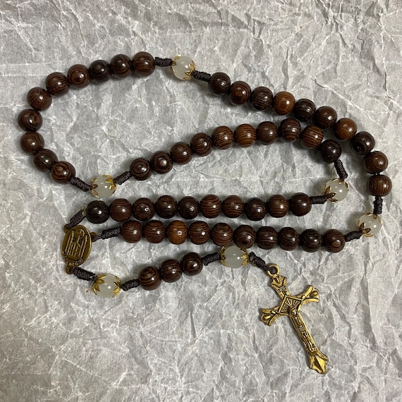 Catholic Rosary with black wood beads and ivory-white gemstone accents, Wood Bead rosary, Pardon Crucifix Rosary, Catholic Gifts