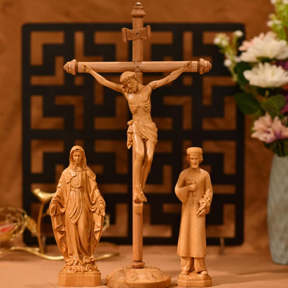 Set of Altar Crucifix Jesus Our Lady St. Joseph Catholic Icon Statue Crucifix Wall Christ Crucify Wood Altar Crucifix Housewarming Gifts