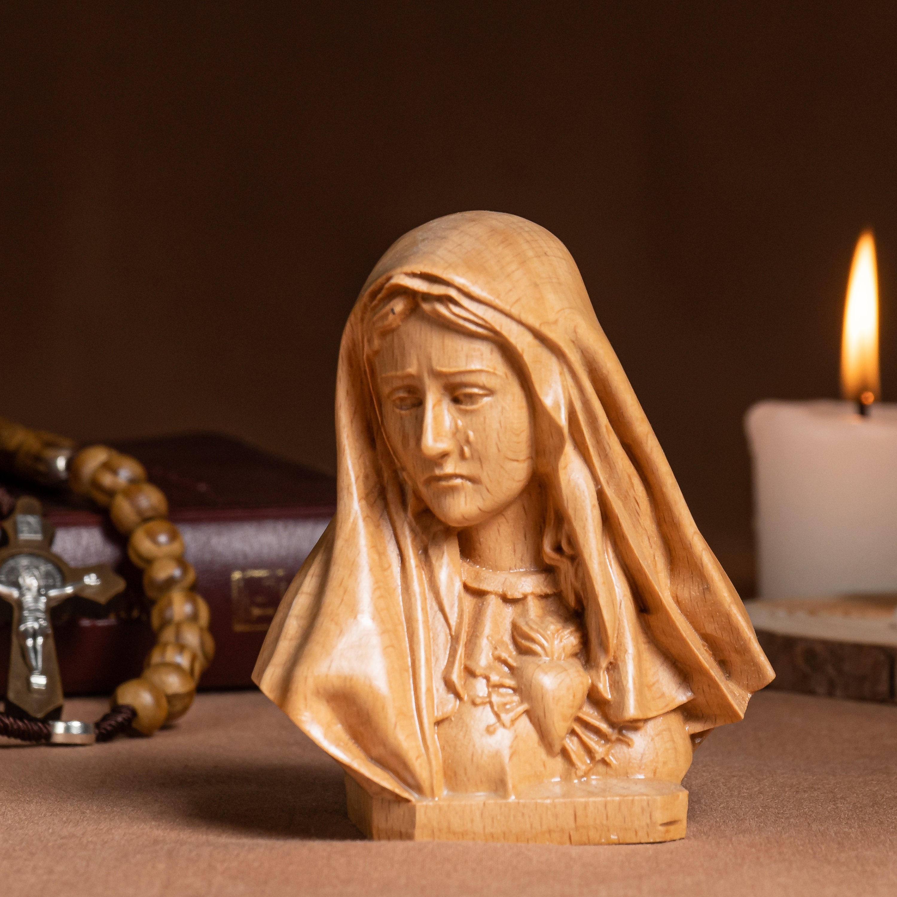 Mary Mother Bust Head Sculpture, Religious Catholic Statue, Wooden Religious Gifts, Housewarming
