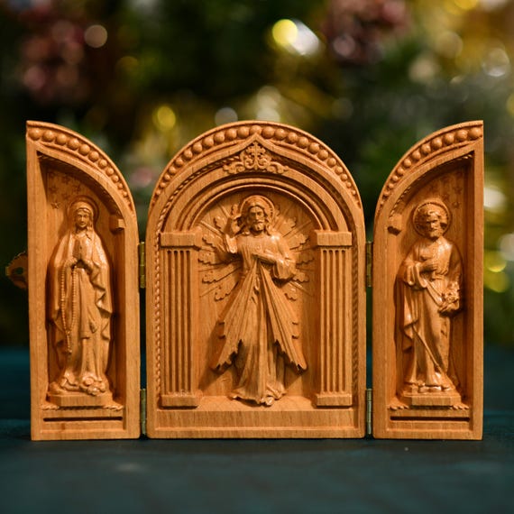 Catholic Triptych Jesus Christ- Saint Joseph- Mother Mary Prayer Altar Catholic Wood Trinity Mothers Day Gift Ideas Christmas Gift