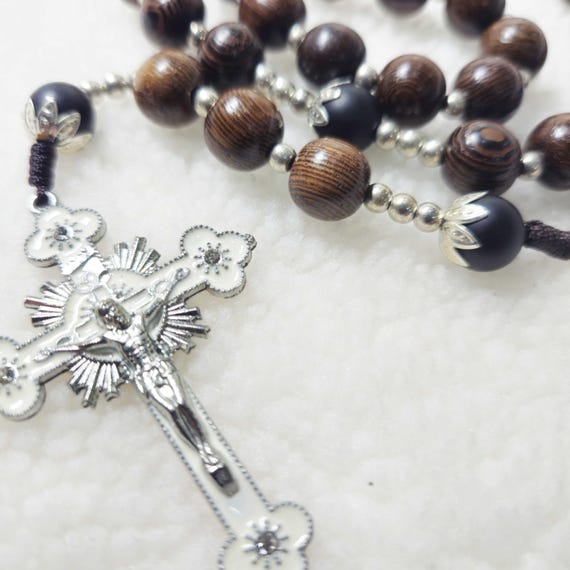 Catholic Rosary harmoniously blends wood and black gemstone beads, Wood Bead rosary, Catholic Gifts, First Communion Gift