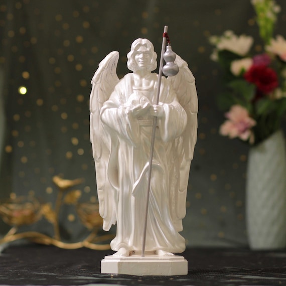 Archangel Raphael Wooden Statue – Pearl White Style | Catholic Decor | Healing Angel Figurine | Christian Gift | Handmade Wood Art