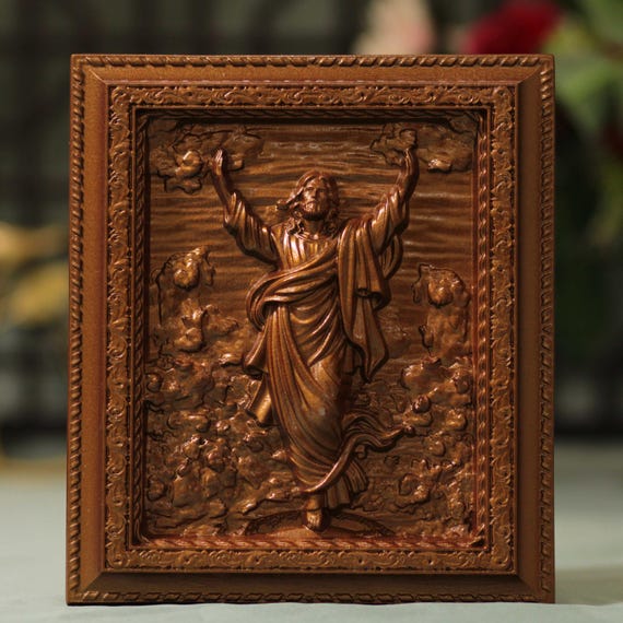 Resurrection of Jesus Christ Wooden Wall Art - Antique Style Religious Decor with Hanging Hook for Christian Homes