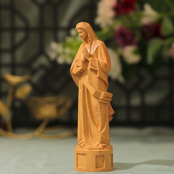 Handmade Beech Wood Our Lady Statue: Catholic Virgin Mary Sculpture