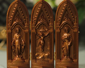 Antique Style Portable Holy Family Religious Icon Prayer Altar Catholic Virgin Jesus Joseph Catholic Statue Wooden Prayer Supplies