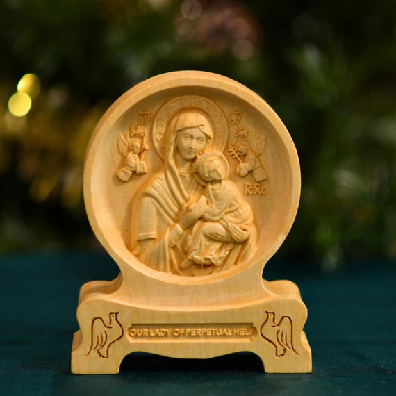 Our Lady of Perpetual Help Desktop Figurine Catholic Car Accessories Handmade Home Decor Catholic Art Catholic Altar Table Wooden Gifts