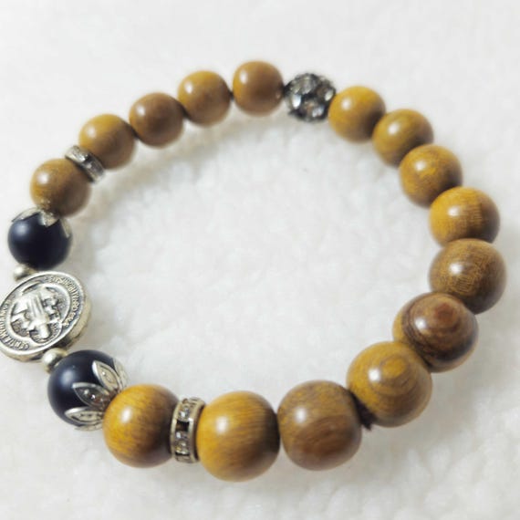 Yellow Cypress Wood Catholic Bracelet with Black Stone Beads | Handmade Prayer Beads for Kids & Teens, Rosary Gift
