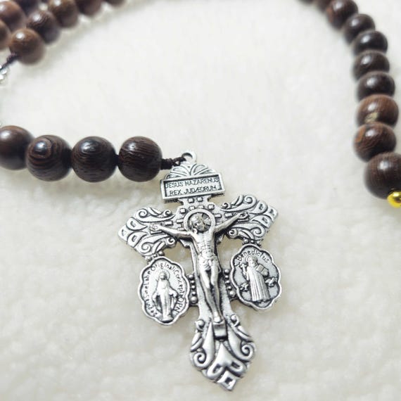 Catholic Rosary 10mm Black Cypress Wood with Pearl Beads, 2.2" Crucifix & Miraculous Medal, Prayer Gift