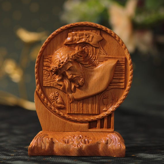 Crucifix Sculpture of Christ on the Cross Desktop Figurine Wood Carvings Religious Art Religious Icons Religious Home Decor Wooden Statues