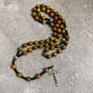 Catholic Rosary crafted from green cypress wood beads, featuring a silver-tone crucifix, Catholic Gifts, First Communion Gift, Cord Rosary