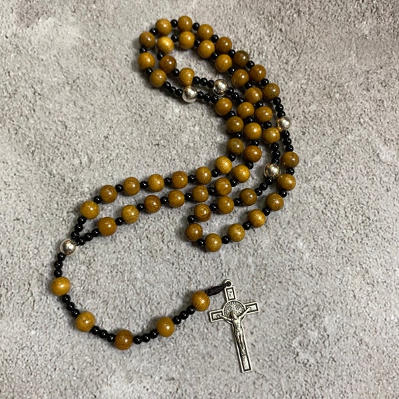 Catholic Rosary crafted from green cypress wood beads, featuring a silver-tone crucifix, Catholic Gifts, First Communion Gift, Cord Rosary