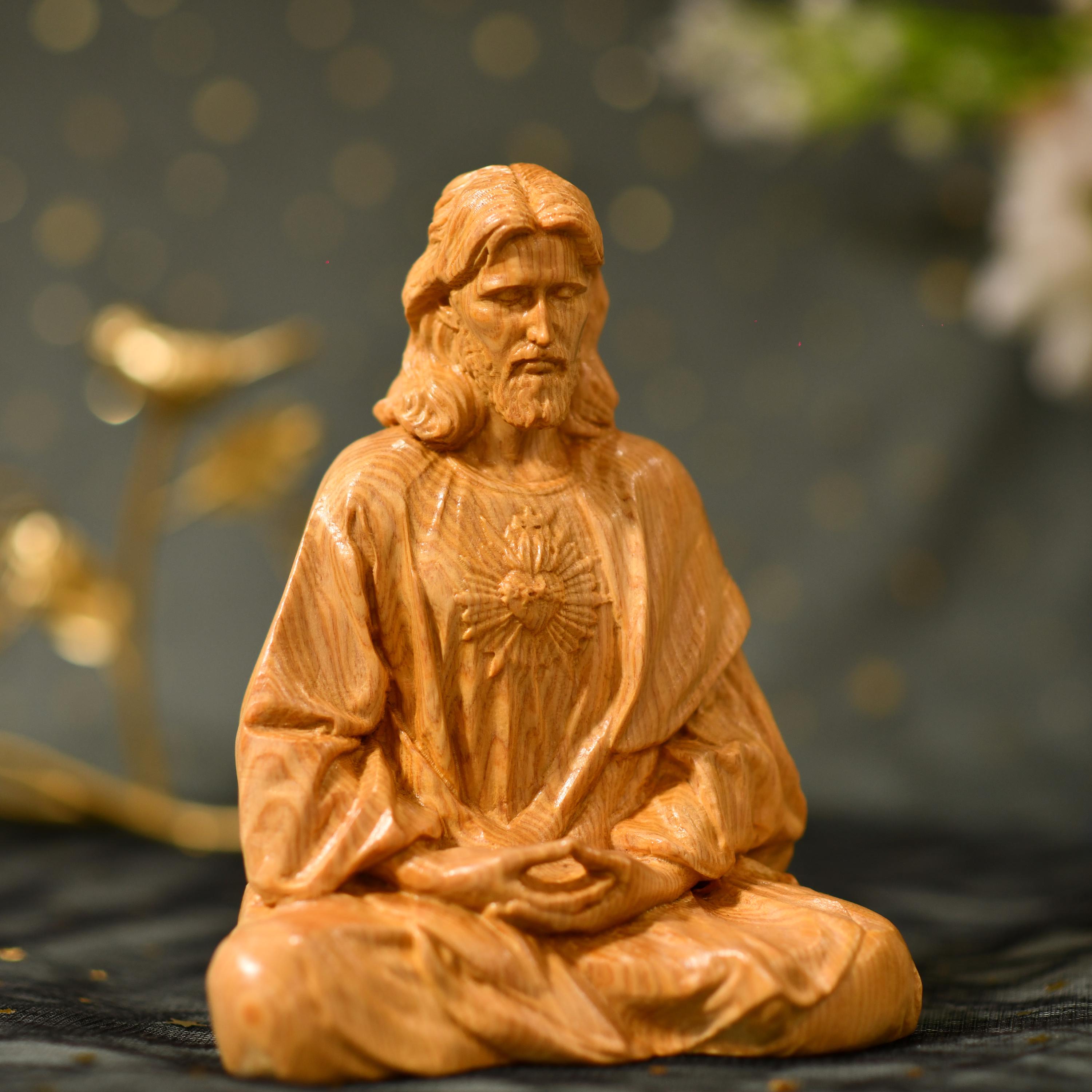 Sacred Heart of Jesus Christ Statue in contemplation Statue Holy Figurine Religious Catholic Statue Jesus Wood Carvings Religious Gifts