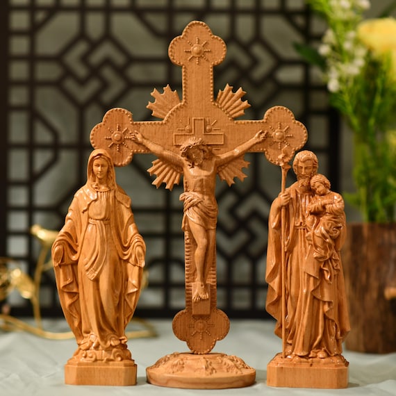Set of Catholic Cross Jesus Our Lady of Grace St. Joseph Wall Art Wooden Crucifix Prayer Altar Hanging Ornament Religious Gifts Home Decor