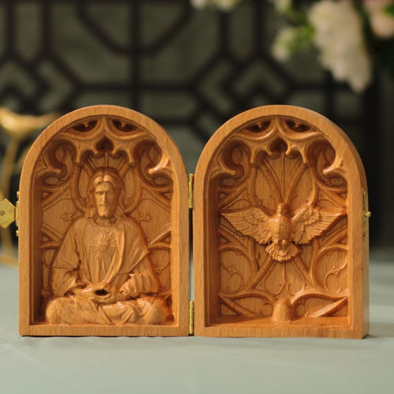 Jesus Contemplating with Holy Spirit Diptych Catholic Gift Christian Home Decor Wooden Prayer Art Religious for Baptism or Confirmation