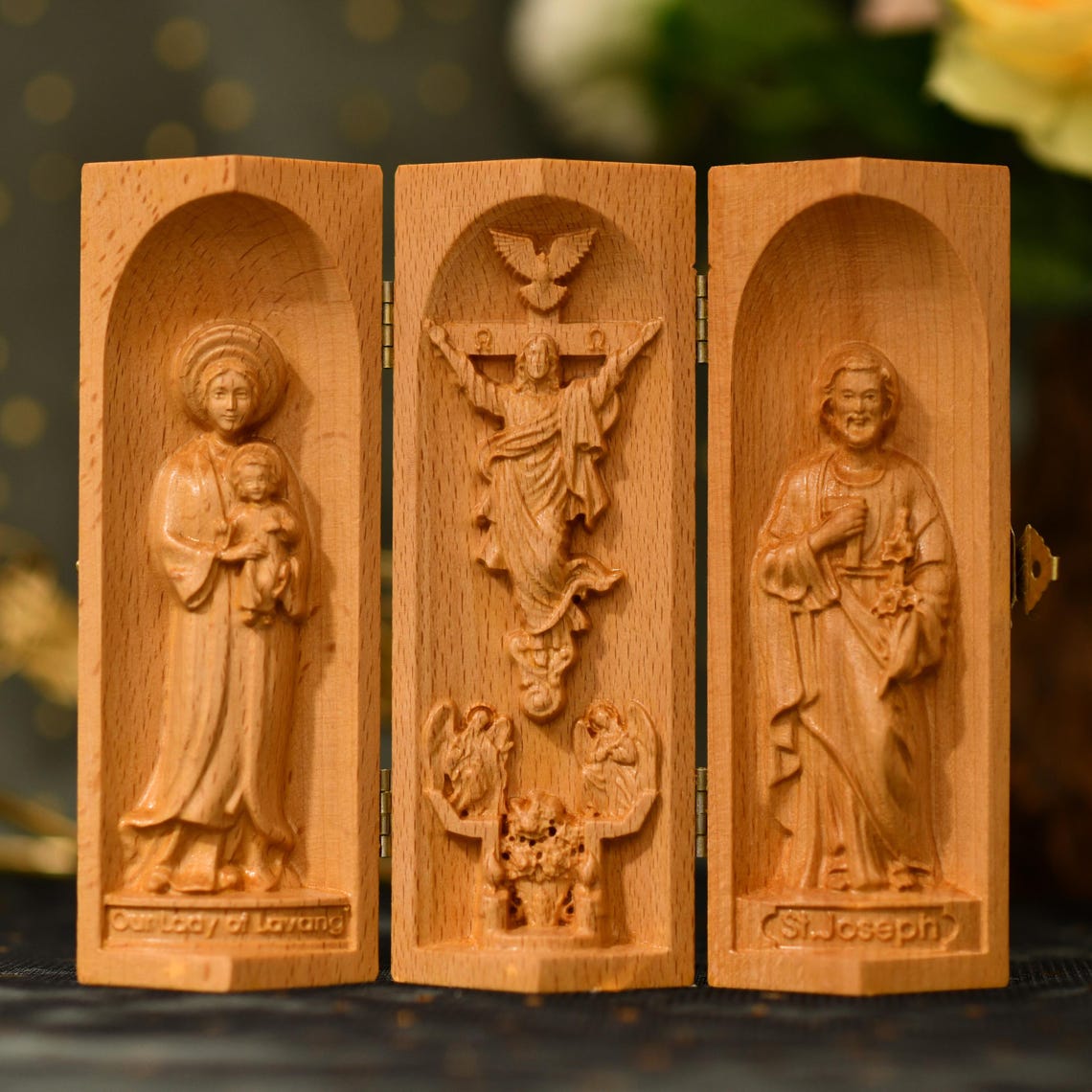 Home Portable Altar Table Catholic Triptych Art Wood Carving Catholic ...