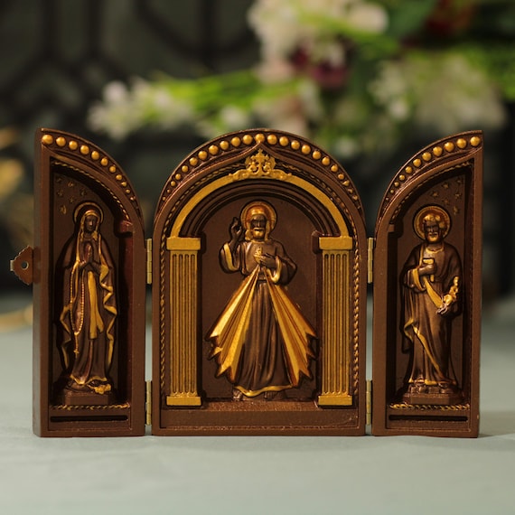 Catholic Triptych Jesus Christ, Virgin Mary & St. Joseph | Hand Carved Wooden Religious Icon | Vintage Catholic Gift Catholic Prayer Altar
