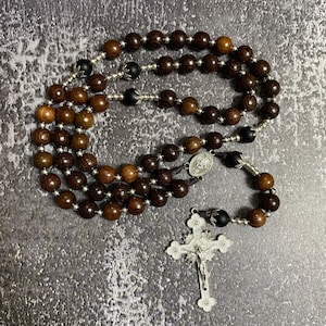 Catholic Rosary harmoniously blends wood and black gemstone beads, Wood Bead rosary, Catholic Gifts, First Communion Gift