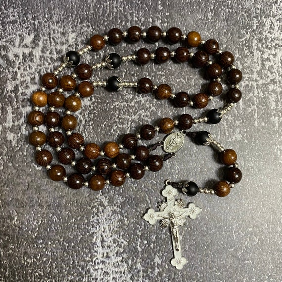 Catholic Rosary harmoniously blends wood and black gemstone beads, Wood Bead rosary, Catholic Gifts, First Communion Gift