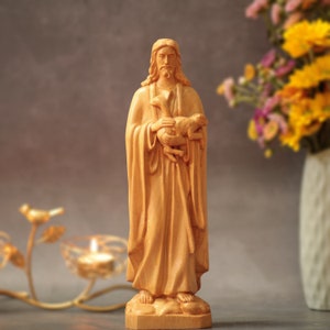 Jesus Christ with a Lamb Wooden Statue Christian Statue Christmas Decor Catholic Home Decor Holiday Ornament Wood Statue Religious Artwork